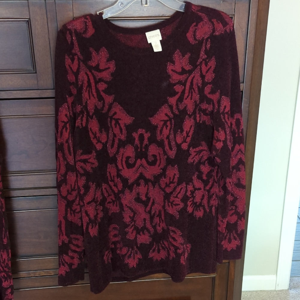 Chico's Burgundy and Red Patterned Sweater